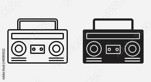 Two styles of cassette player boombox icon, outline and solid fill