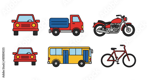 red car blue tank truck motorcycle yellow bus bicycle on white background