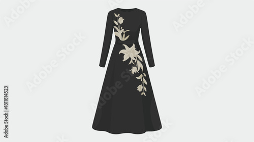 Black long-sleeved maxi dress with embroidered floral pattern on a light gray background Keywords: black dress, long sleeve dress, maxi dress, floral embroidery, elegant dress