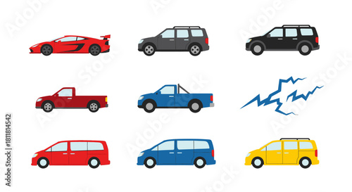 red sports car gray station wagon black suv red pickup truck blue pickup truck red minivan blue minivan yellow minivan lightning bolt