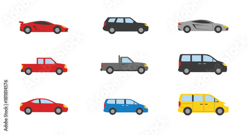 Red sports car gray station wagon silver coupe red pickup truck gray pickup truck black minivan red sedan blue minivan yellow van