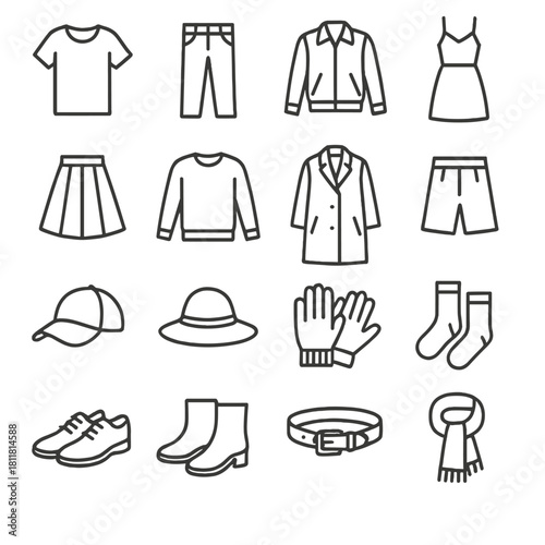 Clothing linear icon set. featuring t-shirt, jeans, jacket, dress, skirt, sweater, coat, and shorts symbols