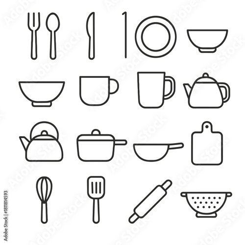 Kitchen utensils linear icon set. featuring fork, knife, spoon, plate, bowl, cup, teapot, pot, cutting board