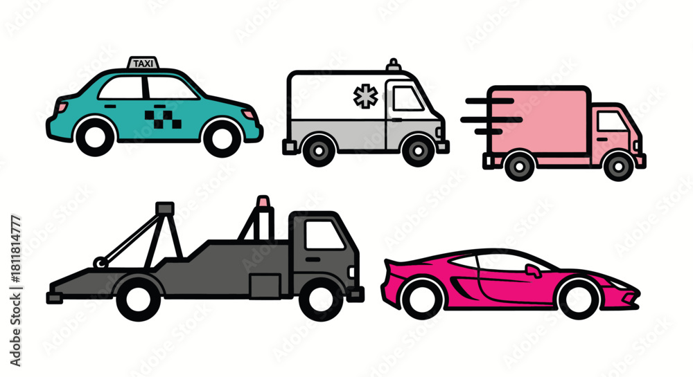 Naklejka premium taxi ambulance delivery truck tow truck sports car illustration set
