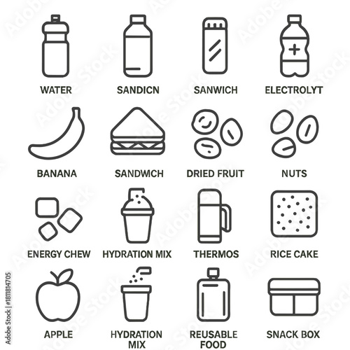 Fitness nutrition linear icon set. featuring bottle, sandwich, banana, nuts, thermos, hydration mix, snack box