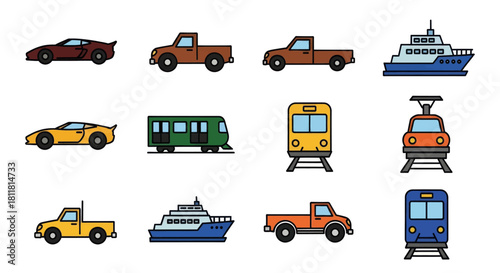 Sports car pickup truck train ferry and subway on road and tracks