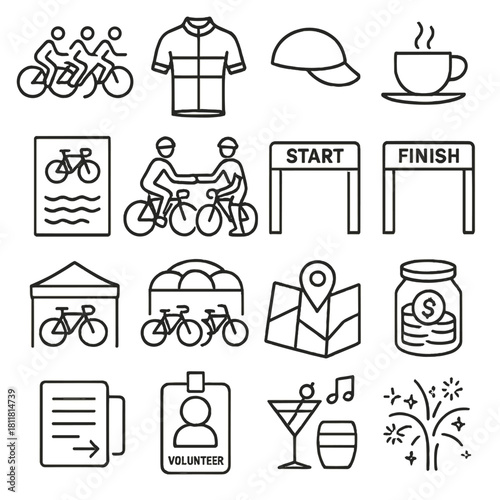 Cycling event linear icons set. featuring bicycle, jersey, cap, coffee, map, volunteer, and fireworks symbols