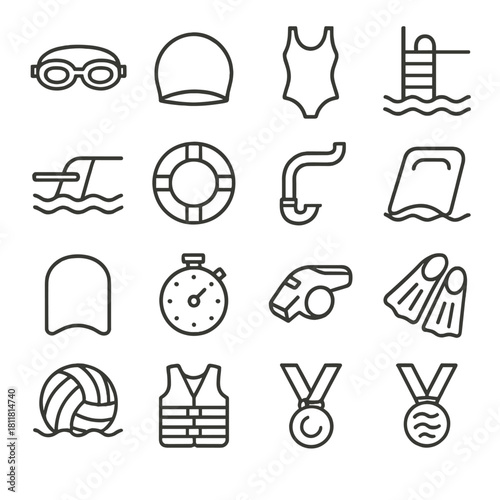 Swimming and diving linear icon set. featuring goggles, cap, swimsuit, pool, lifebuoy, stopwatch, snorkel, and fins