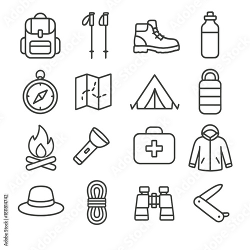 Outdoor adventure linear icon set. featuring backpack, hiking poles, boots, bottle, compass, map, tent, sleeping bag, campfire, flashlight, first aid, jacket.