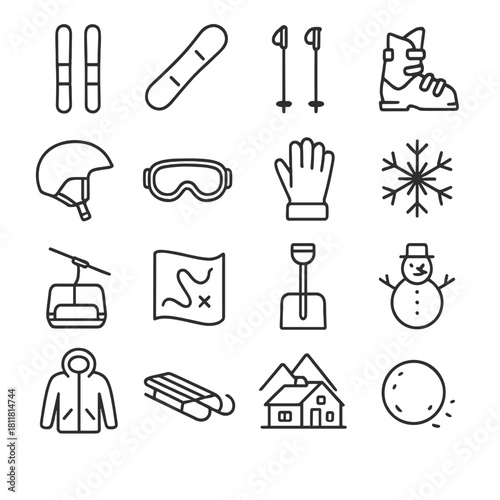 Winter sports linear icon set. featuring skiing, snowboarding, poles, boots, helmet, and goggles symbols
