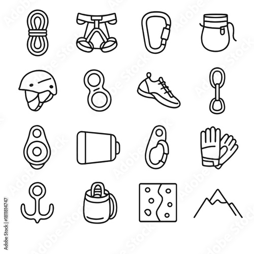 Climbing gear linear icon set. featuring rope, harness, carabiner, chalk bag, helmet, belay device, shoe, anchor
