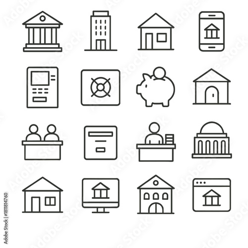 Banking and finance linear icon set. featuring bank, building, home, mobile, atm, help, savings, and computer