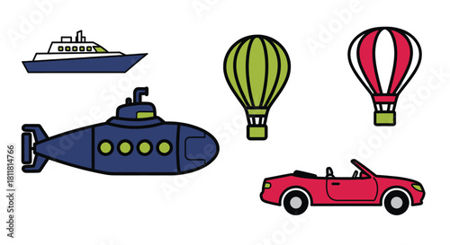 Submarine cruise ship hot air balloon convertible car and aircraft on white background
