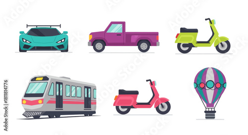 teal sports car purple pickup green scooter train pink scooter hot air balloon