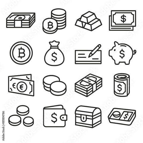 Financial symbols linear icon set. featuring cash, bitcoin, gold, check, and piggy bank icons