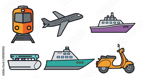 Train airplane ferry boat scooter and watercraft icons on white background