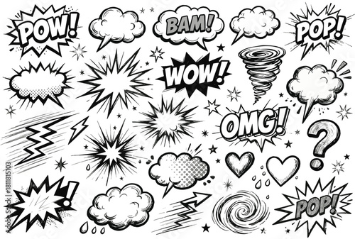 Vintage Comic Pop Art Explosion and Speech Bubble Doodle Set
