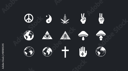 Collection of diverse spiritual, peace, and psychedelic symbols including Earth, eye, cannabis leaf, mushrooms, cross, and peace signs