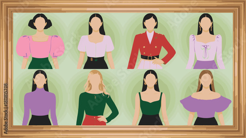 Eight Stylized Female Busts in Various Outfits within a Wooden Frame women fashion