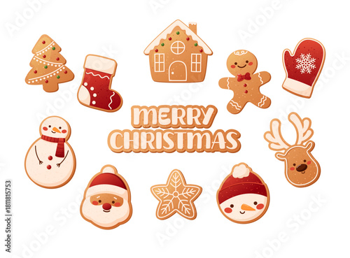 A festive collection of Christmas gingerbread cookies in a cute childrens style. Gingerbread coockies with decorative icing isolated on a white background