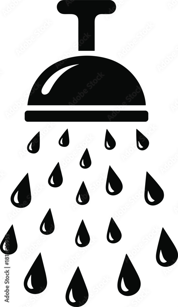 Naklejka premium Shower head icon with water drops, bathroom hygiene symbol, plumbing equipment design, black silhouette, cad drawing flat vector illustration