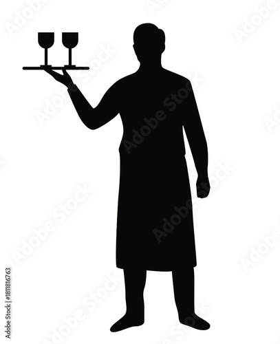 Waiter at a Restaurant Silhouette Holding Platter with Drinks. People and eating or drinking in a public place, bar workers vector art