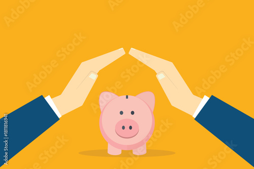 Hands protecting piggy bank, savings concept	

