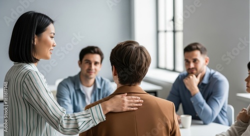 Smiling colleague offers comforting support to a team member in a diverse professional meeting, fostering trust and positive workplace collaboration within their modern office environment