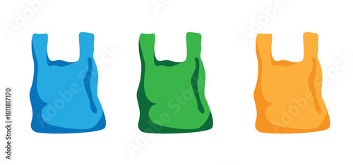 Plastic Bag Different Colors Set Isolated on White. Shopping and grocery store bags reuse and recycling vector art