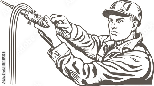 Skilled industrial worker wearing a hard hat and gloves, operating a heavy-duty welding or cutting torch, vintage etching style illustration.