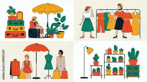 Four Illustrations Depicting Fashion, Travel, and Home Decor with Stylized Figures shopping
