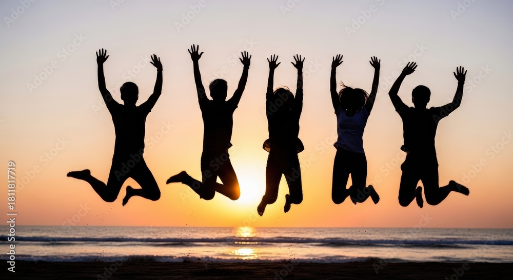 Obraz premium Youthful friends enjoy a blissful beach sunset, jumping with arms raised, embodying joy, success, and vibrant summer adventure