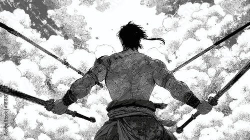 Mighty warrior with multiple swords, seen from behind, preparing for an epic battle against a dramatic, stormy sky. Monochrome fantasy illustration.