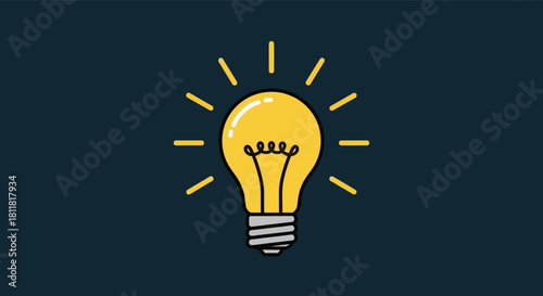 Illustration of a bright yellow light bulb glowing with rays on dark