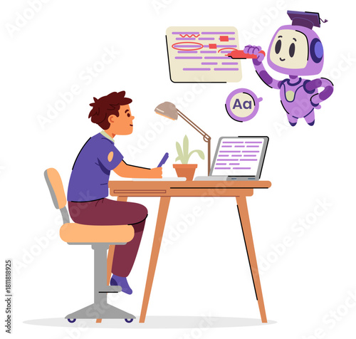 Artificial intelligence robot character helping school boy with homework checking grammar and spelling flat vector illustration isolated on white.