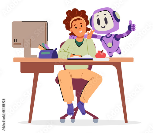 Cute Artificial intelligence robot character helping girl with education showing thumbs up flat vector illustration isolated on white.