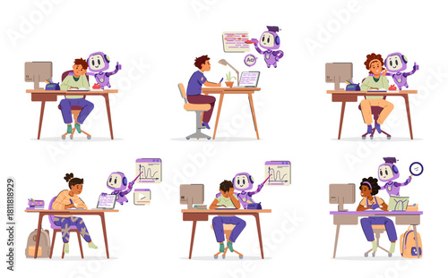 Artificial intelligence in school education flat vector illustrations set isolated on white. Ai robot helping children with homework concept.
