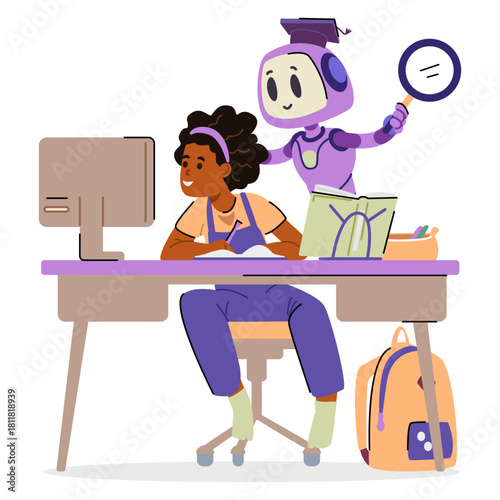 Cute Artificial intelligence robot character helping African American girl with education flat vector illustration isolated on white.