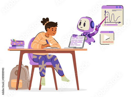 Cute Artificial intelligence robot character helping Asian girl with education explaining math flat vector illustration isolated on white.