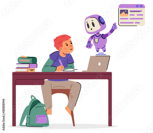 Artificial intelligence character helping kid with school homework flat vector illustration isolated on white.