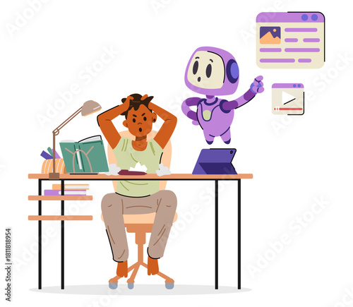 Artificial intelligence robot character helping angry African American boy stuck with school homework flat vector illustration isolated on white.