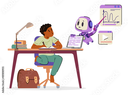 Artificial intelligence robot character helping African American boy with school homework flat vector illustration isolated on white.