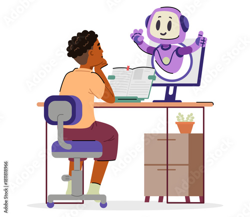 Artificial intelligence character helping African American boy with school homework flat vector illustration isolated on white.
