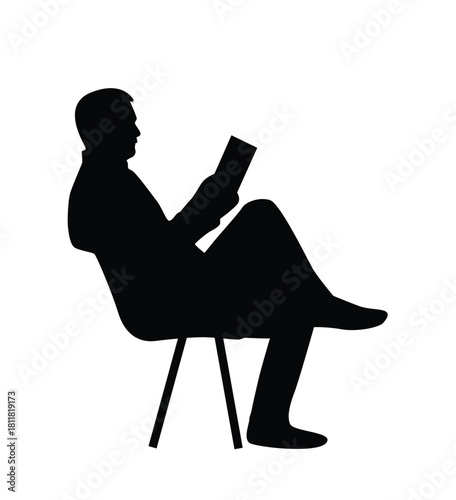 Silhouette of Man Sitting in a Chair and Reading a Book. People and literacy, education, everyday leisure activities vector art