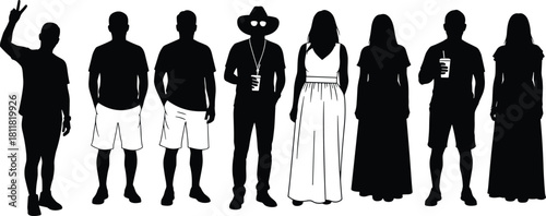 Group silhouette of diverse people, casual poses, vector illustration, black figures on white, symbolic fashion flat, CAD artwork
