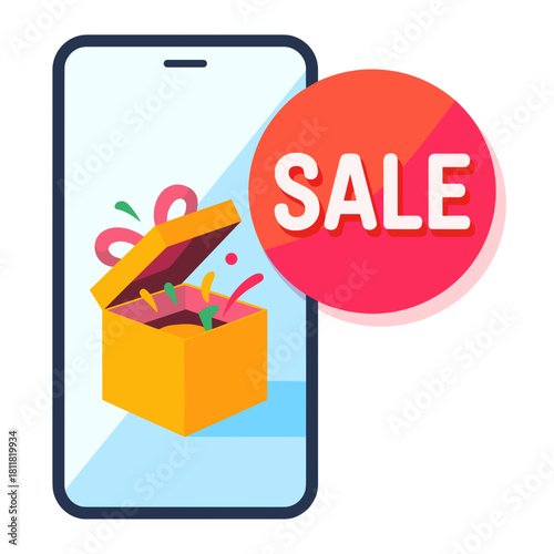 Mobile shopping app with gift box and confetti