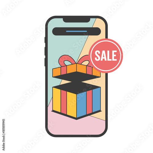 Mobile phone screen with gift box and sale badge