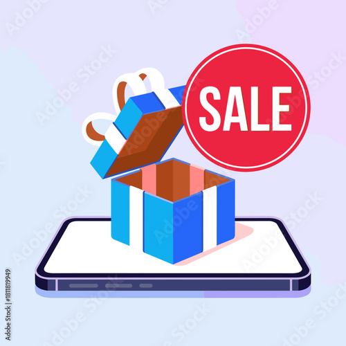 Mobile phone screen with blue gift box and sale