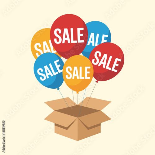 Sale balloons attached to open cardboard box