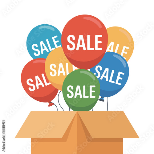 Sale balloons floating from open delivery box